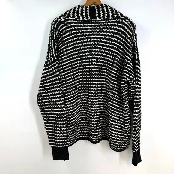Michael Stars Chunky Cardigan Sweater L Black Cream Open Preppy Cozy Coastal - Picture 6 of 8